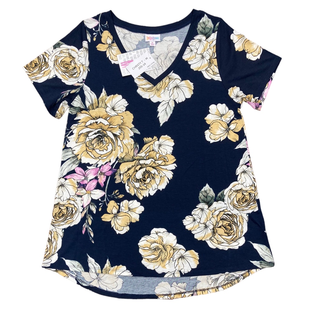 LuLaRoe Women’s Christy Tee V Neck Short Sleeve Medium Navy Gold NWT